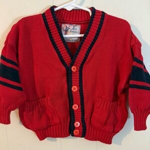 Little Astor Boutique Vintage Red and Navy Cardigan Sweater, Size 2T